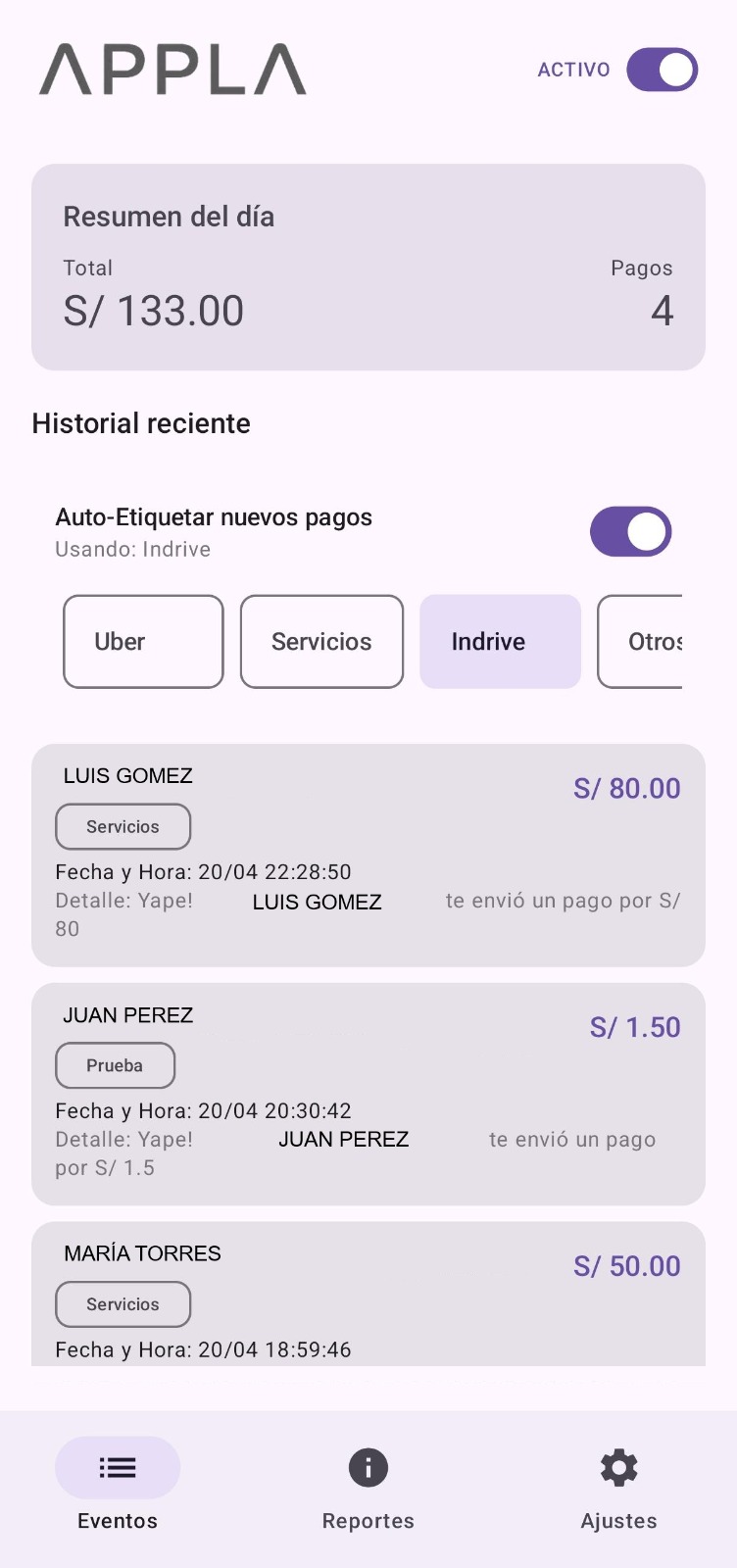 Vista de resumen diario y pagos recientes en APPLA