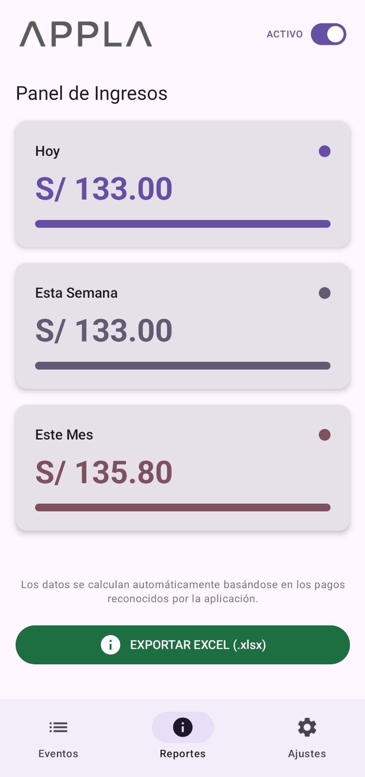 Vista del panel de ingresos y exportación Excel en APPLA